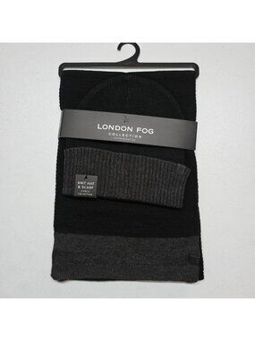 London Fog Collection Knit Beanie Hat & Scarf Set Mens OSFM Black & Gray New